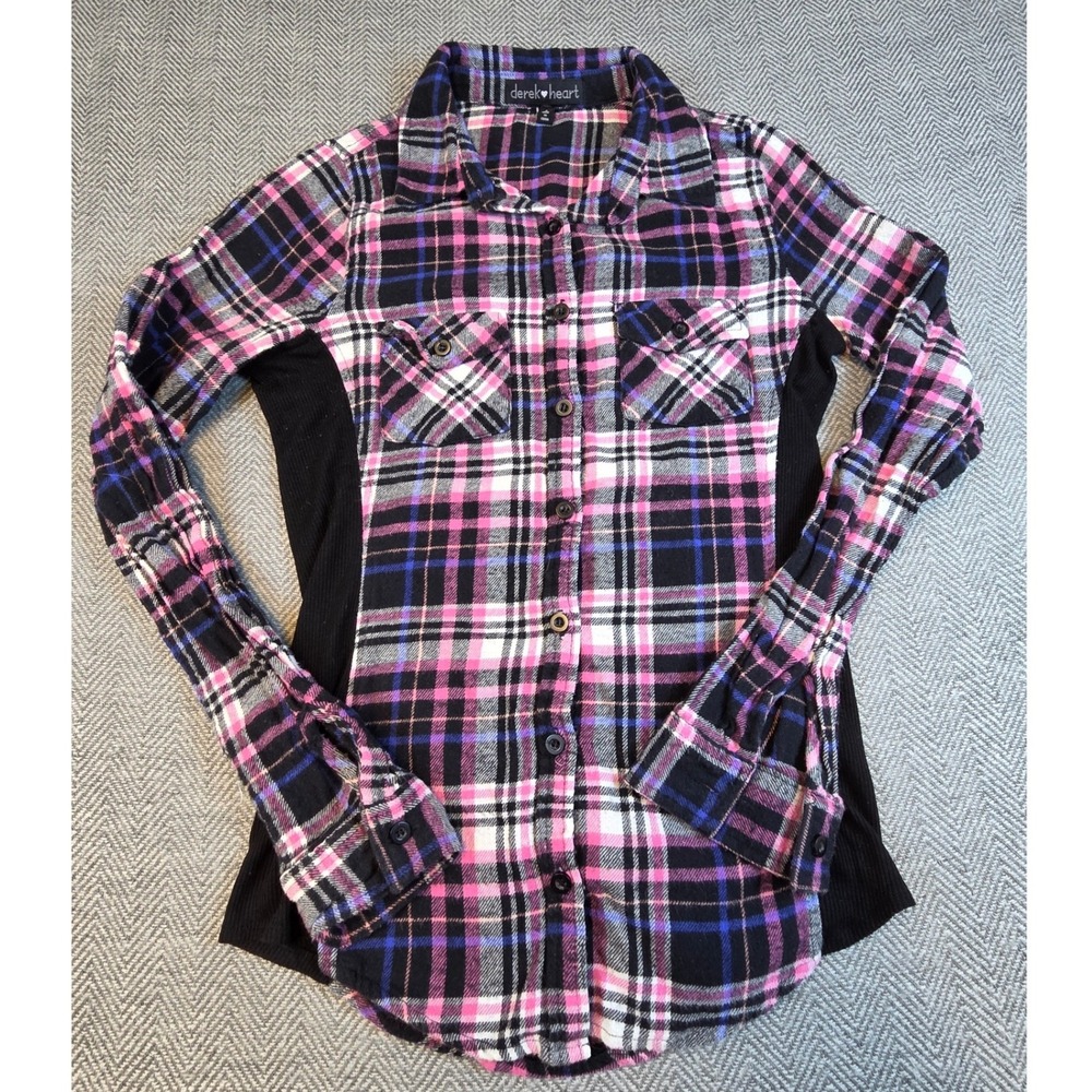 Derek Heart Womens Pink Purple Plaid Flannel Shirt Ribbed Side Panels Small